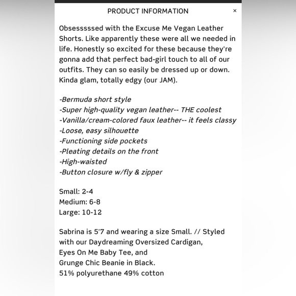 Dressed In LALA “Excuse Me Vegan Leather Shorts in Vanilla” High Rise Bermuda S - Picture 5 of 16